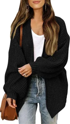 Obrázek produktu pro ASKSA Dámský svetr Cardigan Otevřená přední pletený svetr Elegantní lucerna rukávy Jednobarevné nadměrné velikosti ležérní pletený svetr pletený kabát,černá,S