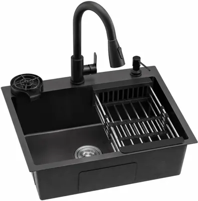 Produktbild von Küchenspüle 50x45 cm in Schwarz mit ausziehbarer Armatur und Glasreiniger