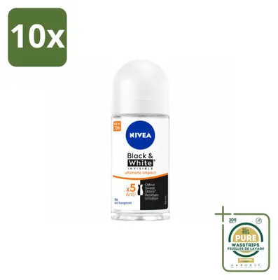 Image de 10 déodorants roll-on NIVEA Black & White Ultimate Impact, 50 ml - Pack de 10