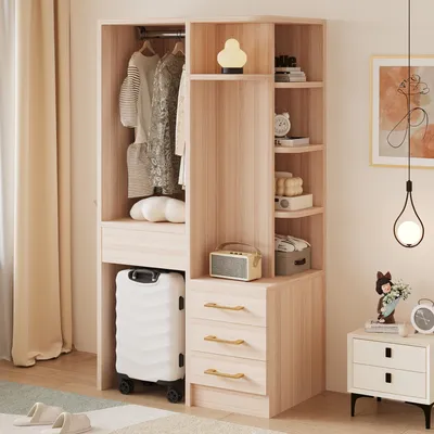 Immagine prodotto di Armadio con cassetti, cabina armadio multistrato con appendiabiti, armadio moderno con ripiani, dimensioni 70 x 45 x 135 cm, colore naturale, legno