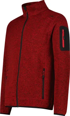 A red and black fleeced jacket shown from the side.