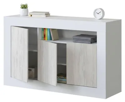 Produktbild von Highboard Thornton, Modernes Sideboard mit 3 Türen, Wohnzimmer-TV-Ständer-Buffet, 144x42h87 cm, Weiß