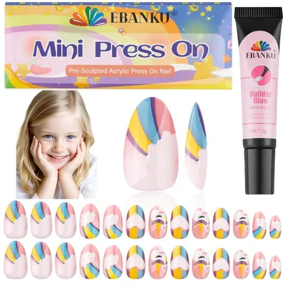 Produktbild von Press-on-Nägel für Kinder, 26 Stück, Regenbogen-Vollabdeckung, Acryl-Nagelspitzen-Set mit Kleber, kurze künstliche Fingernägel für Mädchen