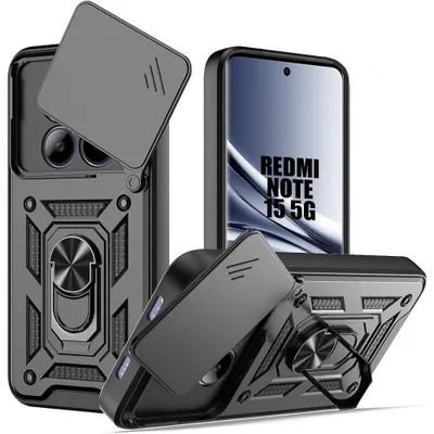 Image de Coque pour Xiaomi Redmi Note 15 5G/4G, Antichoc avec Anneau Réglable et Protection Caméra - Noir