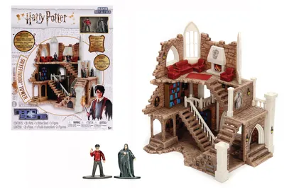 A Harry Potter Gryffindor Tower playset with figures, shown both in its packaging and as a standalone toy.
