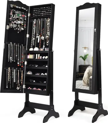 Image de Armoire à bijoux verrouillable avec angle réglable et porte-bijoux avec miroir sur toute la longueur, noir