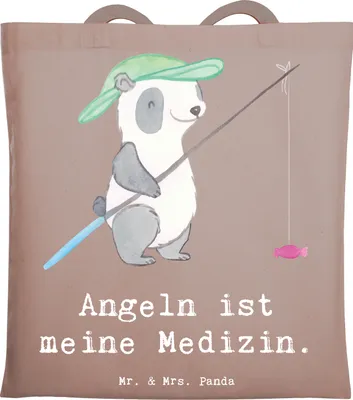Produktbild von Mr. & Mrs. Panda Einkaufstasche Panda Angeln - Braun Pastell - Geschenk, Hobbyangler, Tote Bag, Laptoptasche, Tasche, Shopping, Angelverein, Büchertasche, Angler, gehen