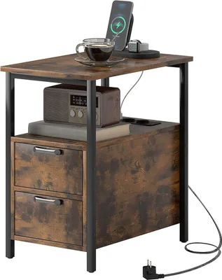 Produktbild von Beistelltisch Couchtisch mit Aufladestation, USB-Anschlüssen und Steckdosen, Nachttisch mit 2 Schubladen, Regal für Wohnzimmer, Schlafzimmer, Rustikal-Braun