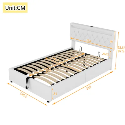 Immagine prodotto di Letto per ragazzi Abrihome 140x200cm con USB, letto imbottito con rete a doghe e contenitore, letto contenitore idraulico con LED, lino, bianco