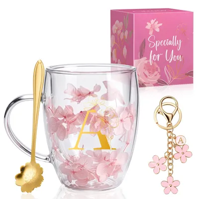 Dubbelwandig theeglas 350 ml mit Blumen und Löffel