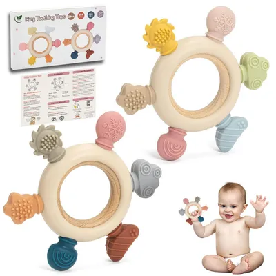 Image de Jouets mordilleurs en silicone, sans BPA, lot de 2, multicolores, pour bébés et jeunes enfants de 0 à 12 mois