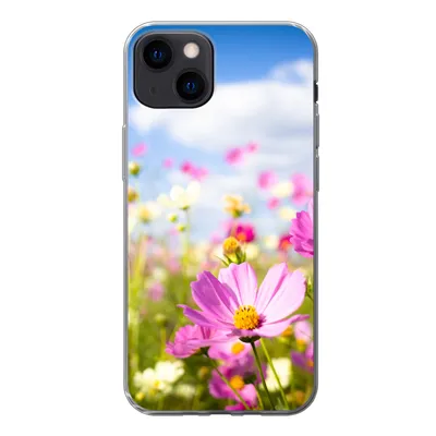 Produktbild von MuchoWow® Handyhülle Schutzhülle Hülle für iPhone 13 Blumen - Wiese - Lila - Gras - Weiß - Wolken - Blau Silikon Softcase Handy Hülle - Karteninhaber