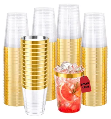 Productafbeelding van Set van 50 Herbruikbare Plastic Bekers met Gouden Rand