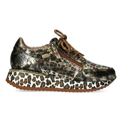 Image de LAURA VITA Baskets Delphine 46 ou avec léopard imprimé dans un mélange de cuir et de paillettes marron/or/noir Semelle intérieure en cuir amovible Taille 38 Largeur G