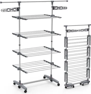 Produktbild von VOUNOT® Wäscheständer Turm für Innen, Platzsparender Turmwäscheständer mit Faltbaren Flügeln, Teleskopstange und 6 Rollen, 4 Ebenen