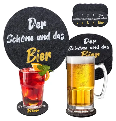 10 Filzuntersetzer rund, Spruch „Der Schöne und das Bier“