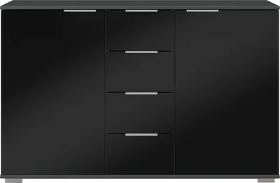 Produktbild von Schlafzimmer Sideboard in graphit mit schwarzem Glas ELSTRA-43, B/H/T ca. 130/83/41 cm