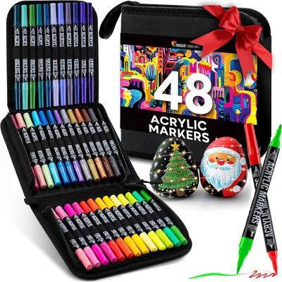 Productafbeelding van Dual Tip acrylpen - Fijne punten en penseel - 48 unieke acrylstiftkleuren voor verschillende oppervlakken en kunstwerken - Acrylverfpennen