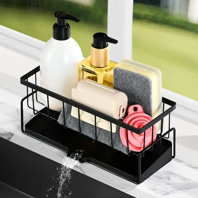 Produktbild von Küchenorganizer für die Spüle, Küchenorganizer aus Edelstahl mit selbstentleerender Schublade, Geschirrorganizer, Halter für Spülmittel (schwarz)
