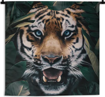 Produktbild von MuchoWow® Wandteppich Wandbehang Tiger - Blatt - Tiere 150x150 cm Tapisserie Dekoration Wandtuch - Wohnaccessoires - Modernes