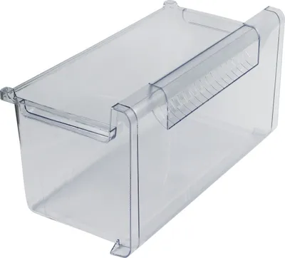 A clear plastic drawer for a refrigerator or freezer.