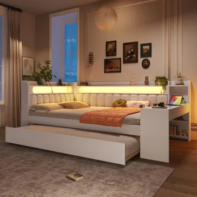 Produktbild von Weißes Tagesbett mit USB und LEDs, inklusive Ausziehbett und Schreibtisch, ideal für Jugendzimmer – Funktionalität vereint. Größe: 140x200 cm