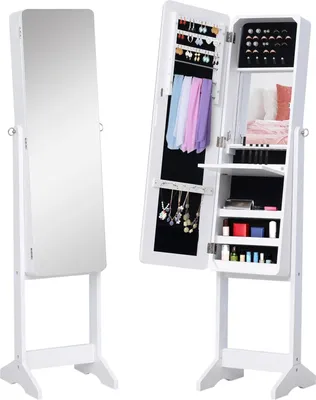 Image de Armoire à bijoux avec miroir - miroir sur pied - éclairage LED - basculant - 30 x 36 x 146 cm - blanc