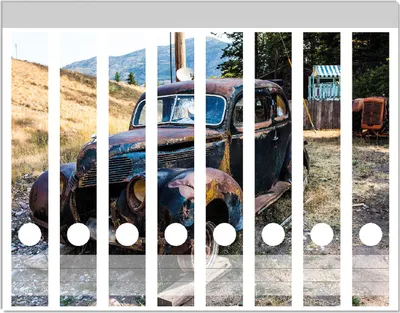 Produktbild von Wallario Ordnerrücken Sticker, selbstklebend für schmale Ordner, 8 Stück, Motiv Rostiger Oldtimer auf dem Schrottplatz