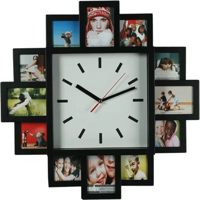 A collage-style photo frame clock with multiple picture slots arranged around a central clock face.