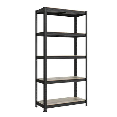 A black metal shelving unit with wooden shelves against a white background.