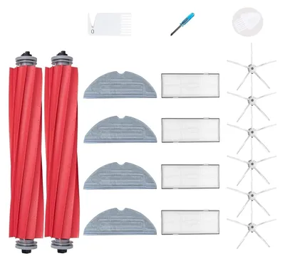 A collection of vacuum cleaner accessories laid out on a white background.