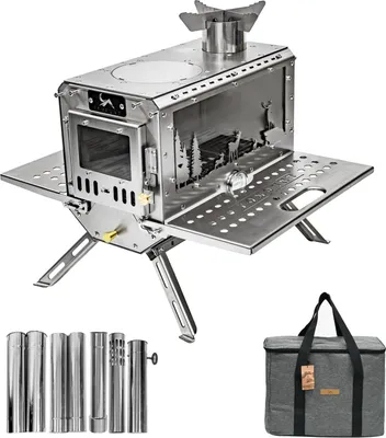 Produktbild von TOMOUNT Zeltofen Tragbar Edelstahl Campingherde Holzofen mit Schornstein, Holzkocher für Zelte, Unterkünfte und Camping