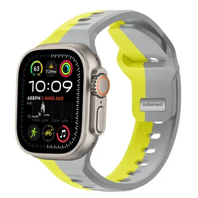 Obrázek produktu pro Cubenest Prémiový sportovní řemínek na Apple Watch 1, 2, 3, 4, 5, 6, 7, 8, 9, 10, SE, Ultra (2) - 44/45/46/49 mm - žlutý-šedý