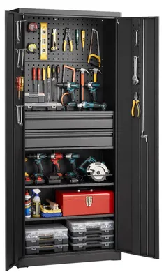 Produktbild von Metallschrank - Werkstatt- und Garagenschrank - Höhe 1,8 m - 2 Türen - 2 Schubladen - 2 Verstellbare Regale - Lochwand - Traglast 81,5 kg - Schwarz