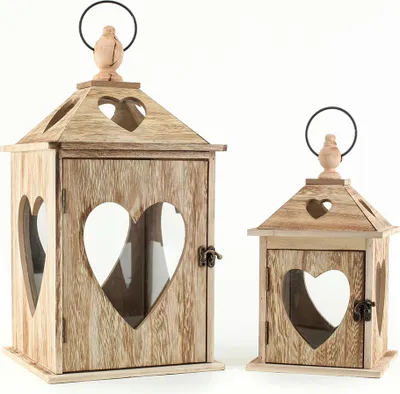 Produktbild von 2tlg. Laternen Set Holz Herzen braun Glas Shabby Chic 24cm & 40cm 2er