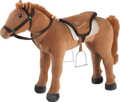 A plush toy horse standing on a white background.