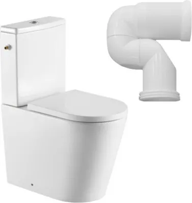 A white toilet and a white toilet pipe are shown against a white background.