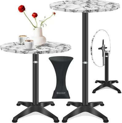 Two bistro tables with marble-like tops and black bases, one with coffee cups and flowers, and a black table cover are displayed against a white background.