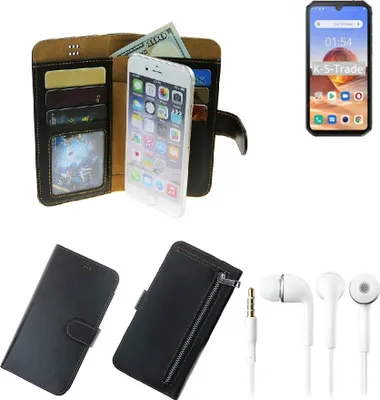 Produktbild von TOP SET Portemonnaie Schutz Hülle kompatibel mit Blackview BV9900E  schwarz aus Kunstleder + Kopfhörer Walletcase Smartphone Tasche vollwertige
