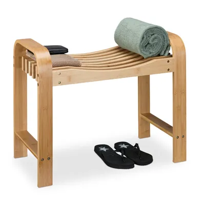 Produktbild von Relaxdays Badhocker, Bambus, Griffe, ergonomische Sitzfläche, HxBxT: 54 x 65 x 33 cm, Sitzbank Flur und Bad, natur