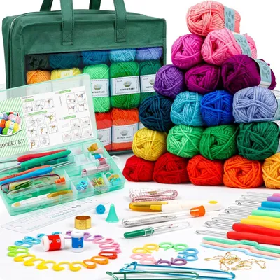 Productafbeelding van Hekelgaren-set voor beginners en kinderen, 1509 meter acryl in 30 kleuren, 73-delige naaldenset, tas