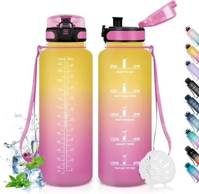 Produktbild von Famanu Trinkflasche 1,5 Liter, auslaufsicher, mit Zeitmarkierung und Filter - Sportflasche für Fitness und Outdoor