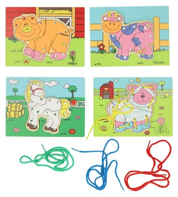 Image de Houten Rijgpuzzel Boerderij, Set van 4
