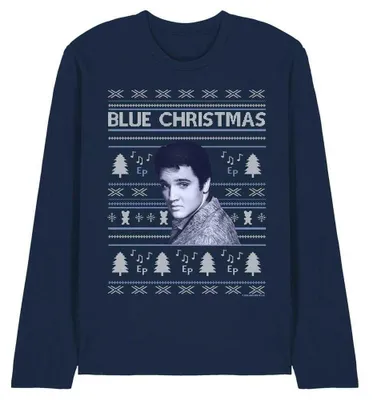 Image de Elvis Presley - T-shirt « Blue Ugly Christmas » pour homme/femme (unie), manches longues TV32849 (L) (bleu marine)