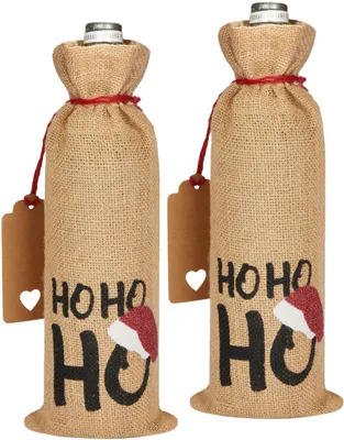 Produktbild von BRUBAKER 2er Set Weinbeutel für Weihnachten - HOHOHO mit Weihnachtsmütze - 36 cm x 17 cm Weinsack für Wein, Sekt, Champagner Jutesack , 2 Stück