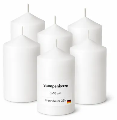 Produktbild von HS Candle 6er Pack Stumpenkerzen Weiß, Ø 6 cm x 10 cm, ca. 25 h Brenndauer, matt-glattes Finish, Baumwolldocht, Herstellung in der EU, für Tischdeko und Adventskranz