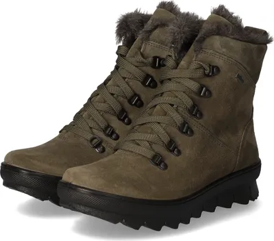 A pair of green suede winter boots with fur trim and laces.