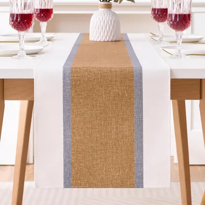 Zdjęcie produktu dla Bieżnik brązowy w paski, wodoodporny, wykonany z bawełny i lnu, wymiary 33x183 cm