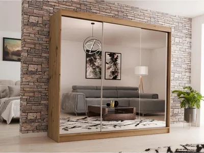 Image de BEAUTYSOFA armoire à portes coulissantes DEBRA II 240 cm - armoire à trois portes, armoire avec miroirs, tringle à vêtements et 4 tiroirs, couleur : Artisan