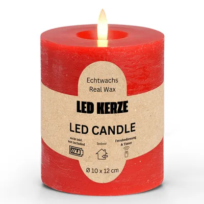 Produktbild von LED Stumpenkerze Wachs, Flackernde Flamme, Ø 10x12 cm, Rot